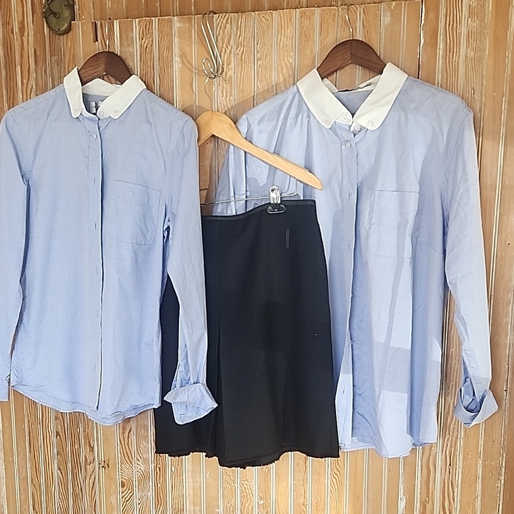Blue Button-Up Shirts and Black Skirt Set